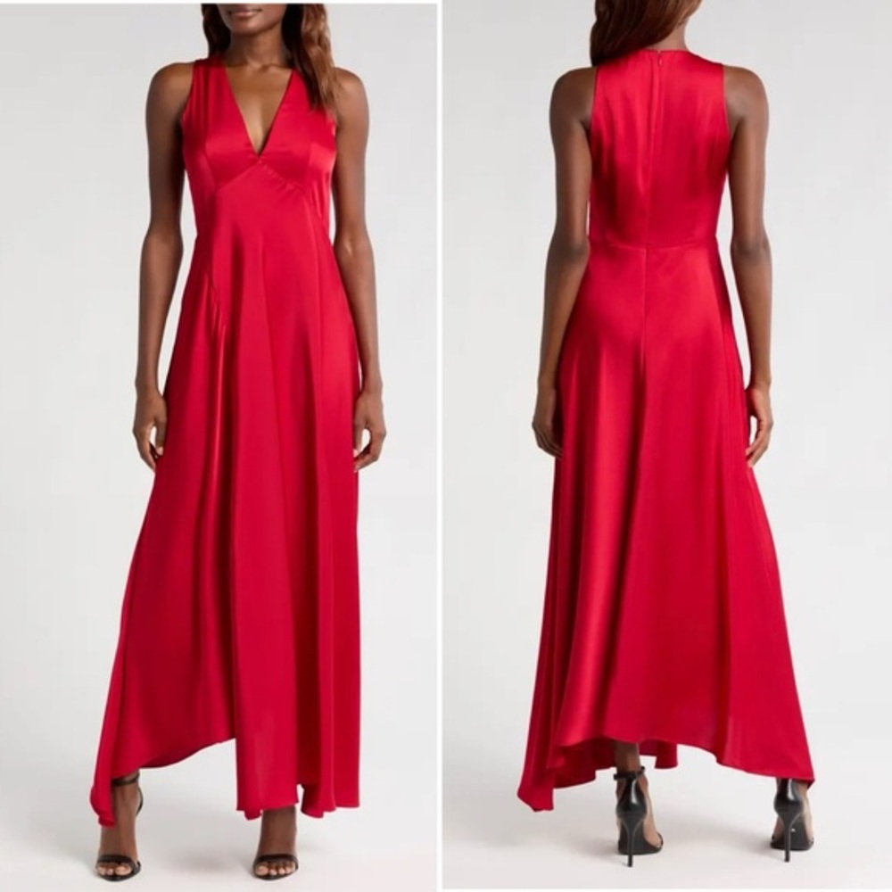 Halogen red v-neck empire waist gown‎ maxi dress satin S